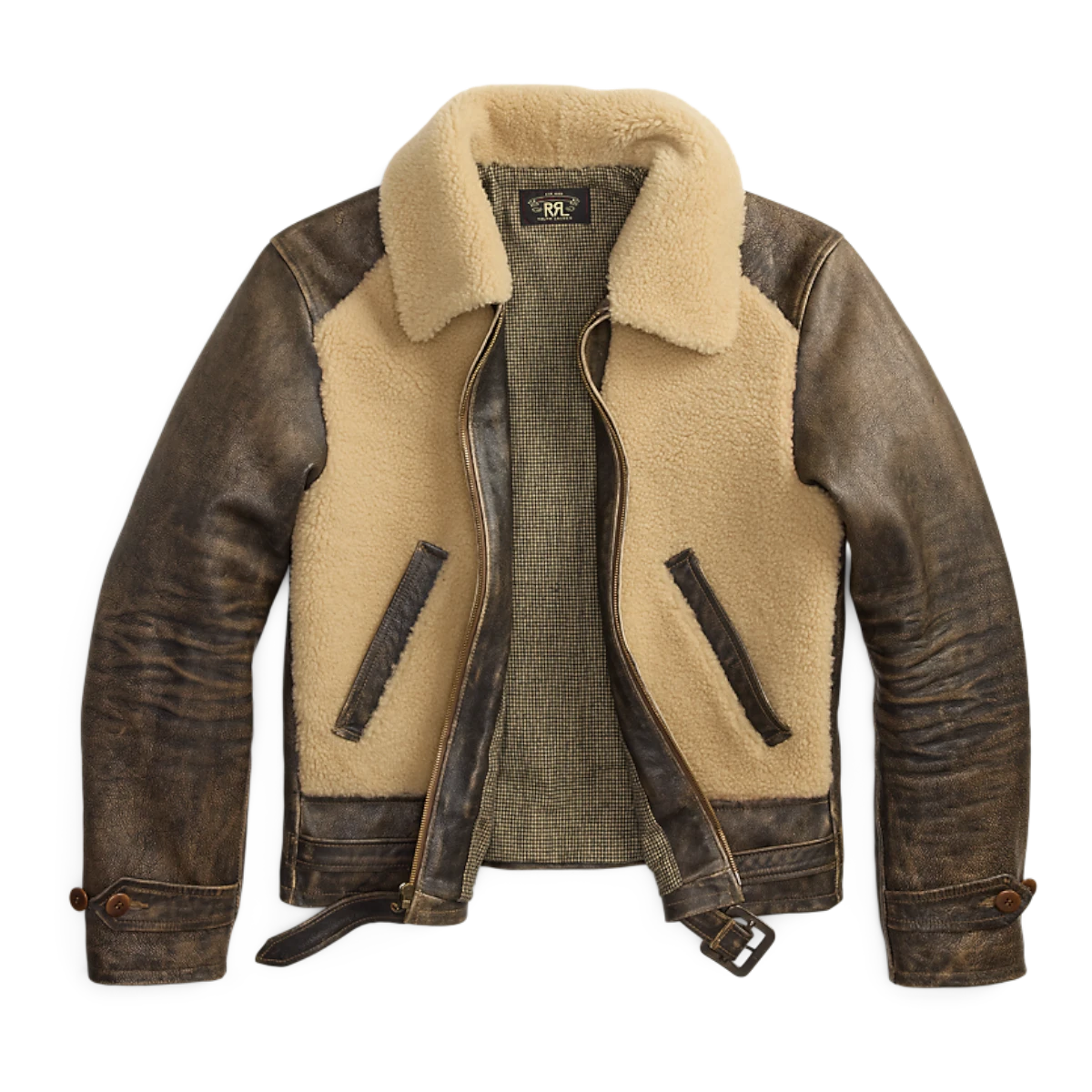 MILWORKS RRL vintage brown leather moto jacket with cream shearling lining and collar