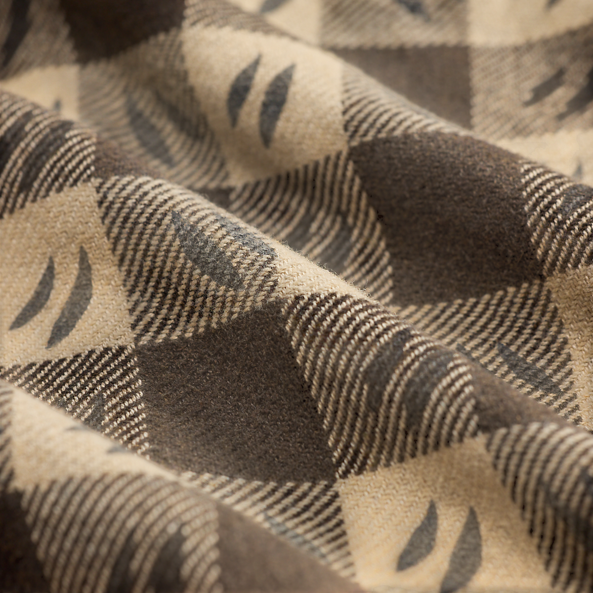 MILWORKS RRL wool long sleeve sports shirt featuring a brown and cream geometric diamond pattern fabric texture