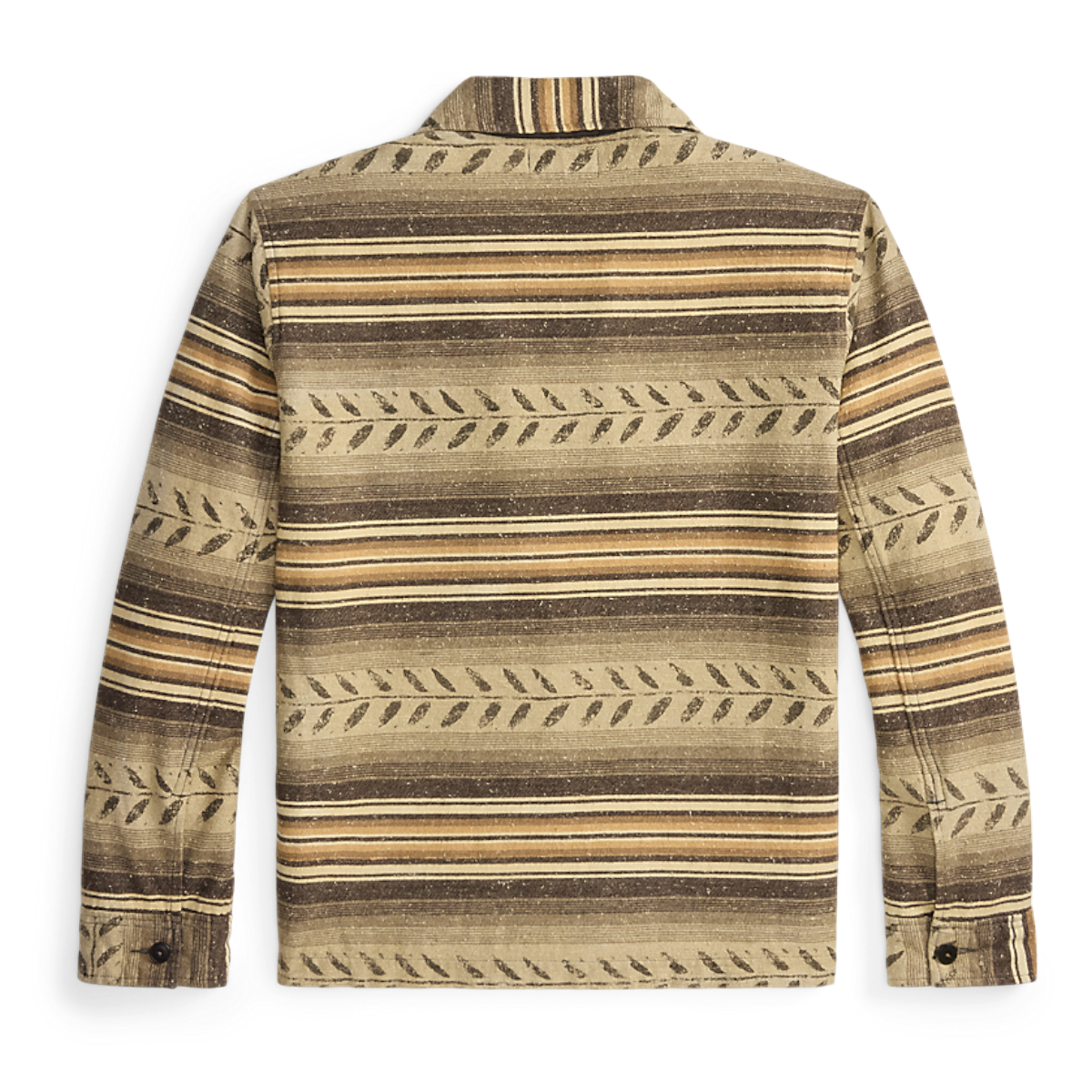 Back view of MILWORKS RRL long sleeve sport shirt in grey and brown wool with horizontal striped and leaf patterns