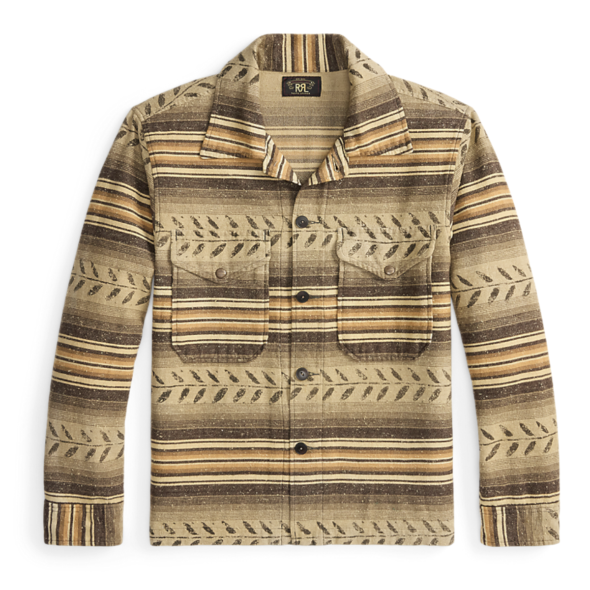 MILWORKS RRL wool long sleeve sport shirt in grey and brown with horizontal stripes and leaf pattern details.