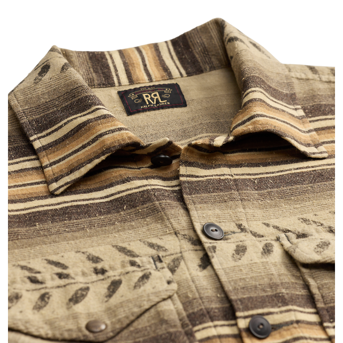 MILWORKS RRL wool long sleeve sport shirt in grey and brown with a striped and leaf pattern design