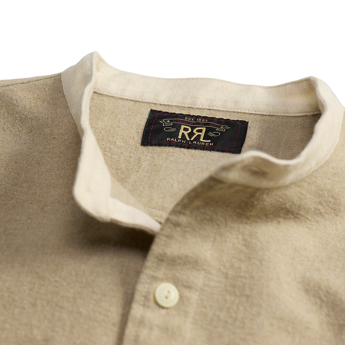 MILWORKS RRL woven sport shirt in grey and cream with a band collar and button placket detail