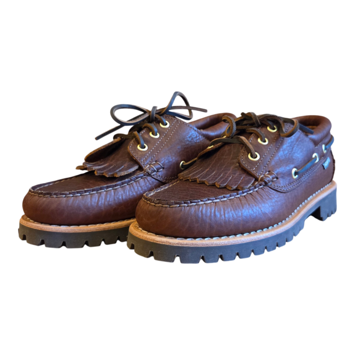 MILWORKS Sebago Acadia Artisan Momoth dark brown leather boat shoes with kiltie fringe and chunky lug soles.