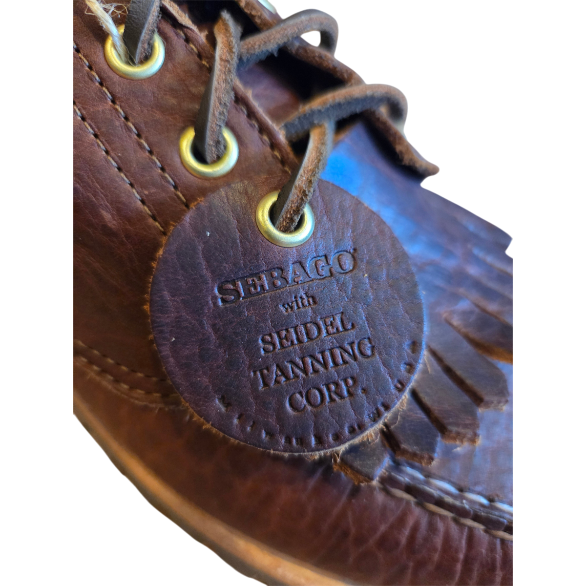 MILWORKS Sebago Acadia Artisan Momoth dark brown leather shoe with branded Seidel Tanning Corp leather hangtag