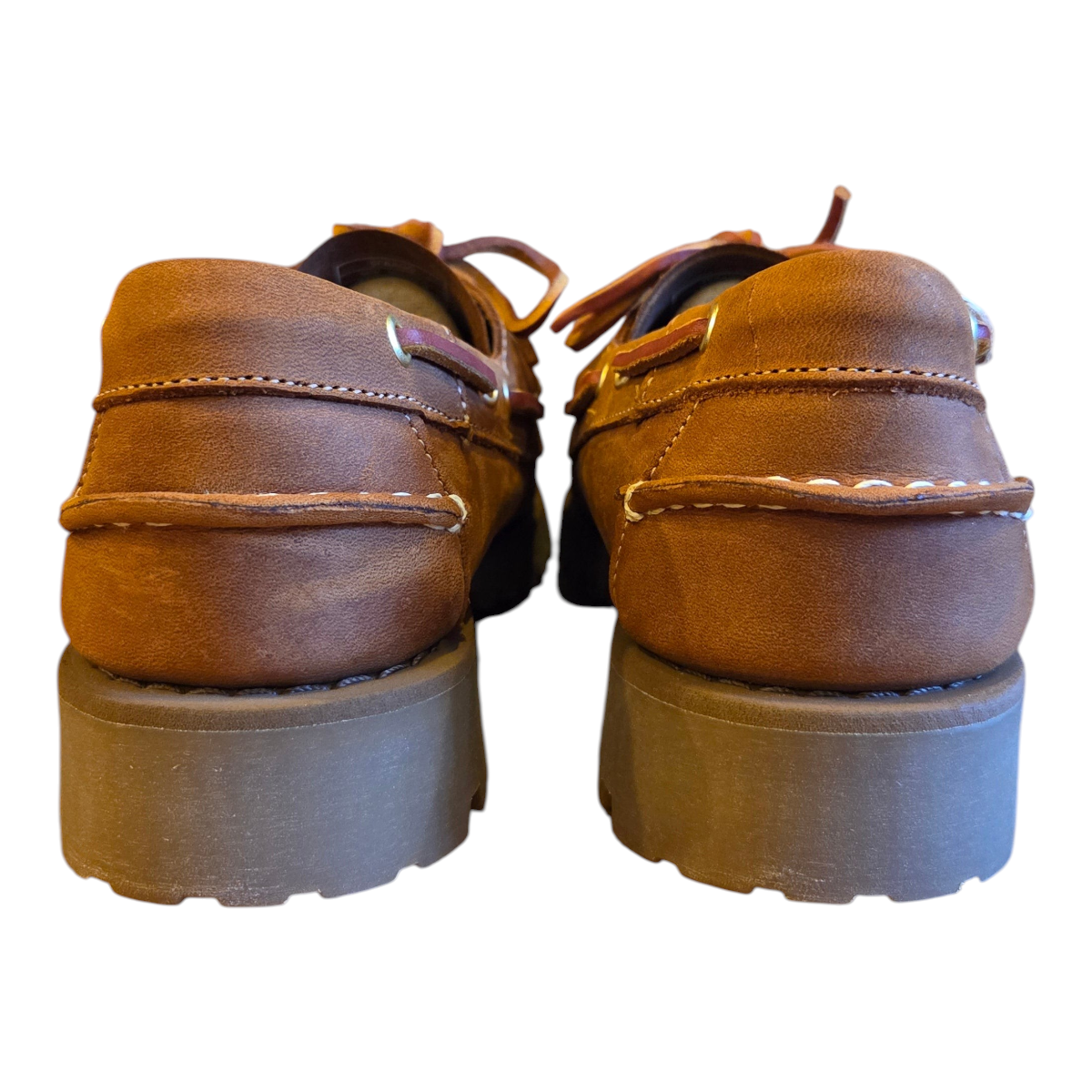 Rear view of MILWORKS Sebago Ranger Artisan boat shoes in brown tan leather with thick lug soles