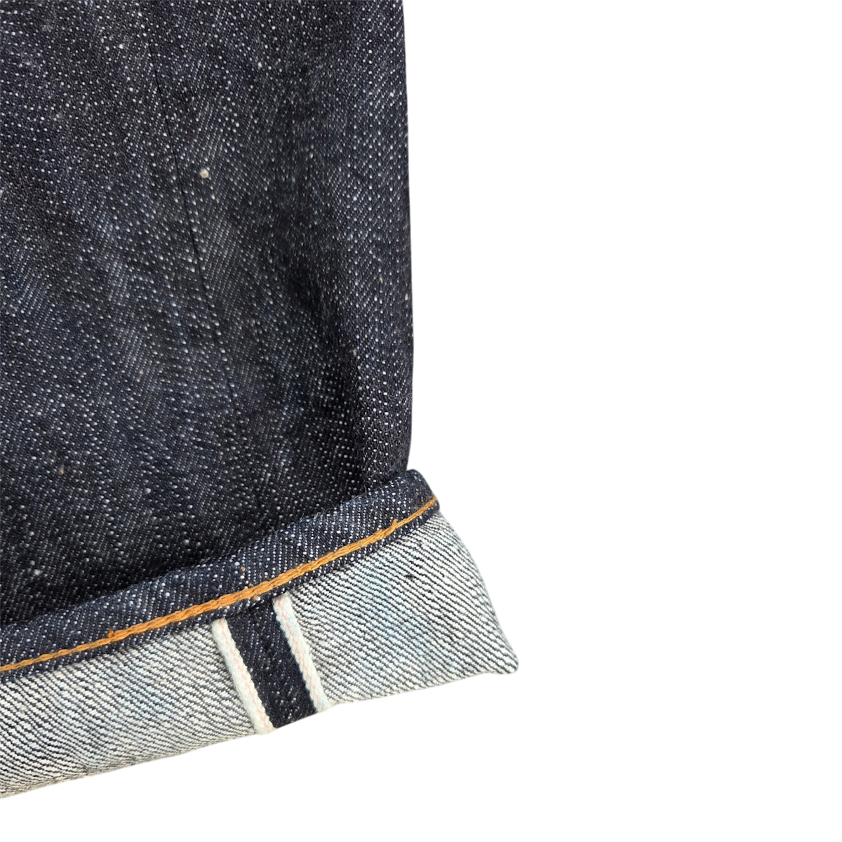 MILWORKS F.O.B Factory selvedge denim overalls cuff showing signature white and orange selvedge ID stitching