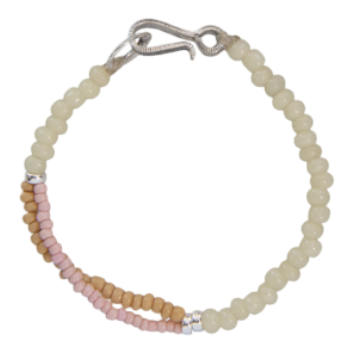 MILWORKS handmade shell bead bracelet in off-white, tan, and pink with a vintage US nickel coin hook closure.