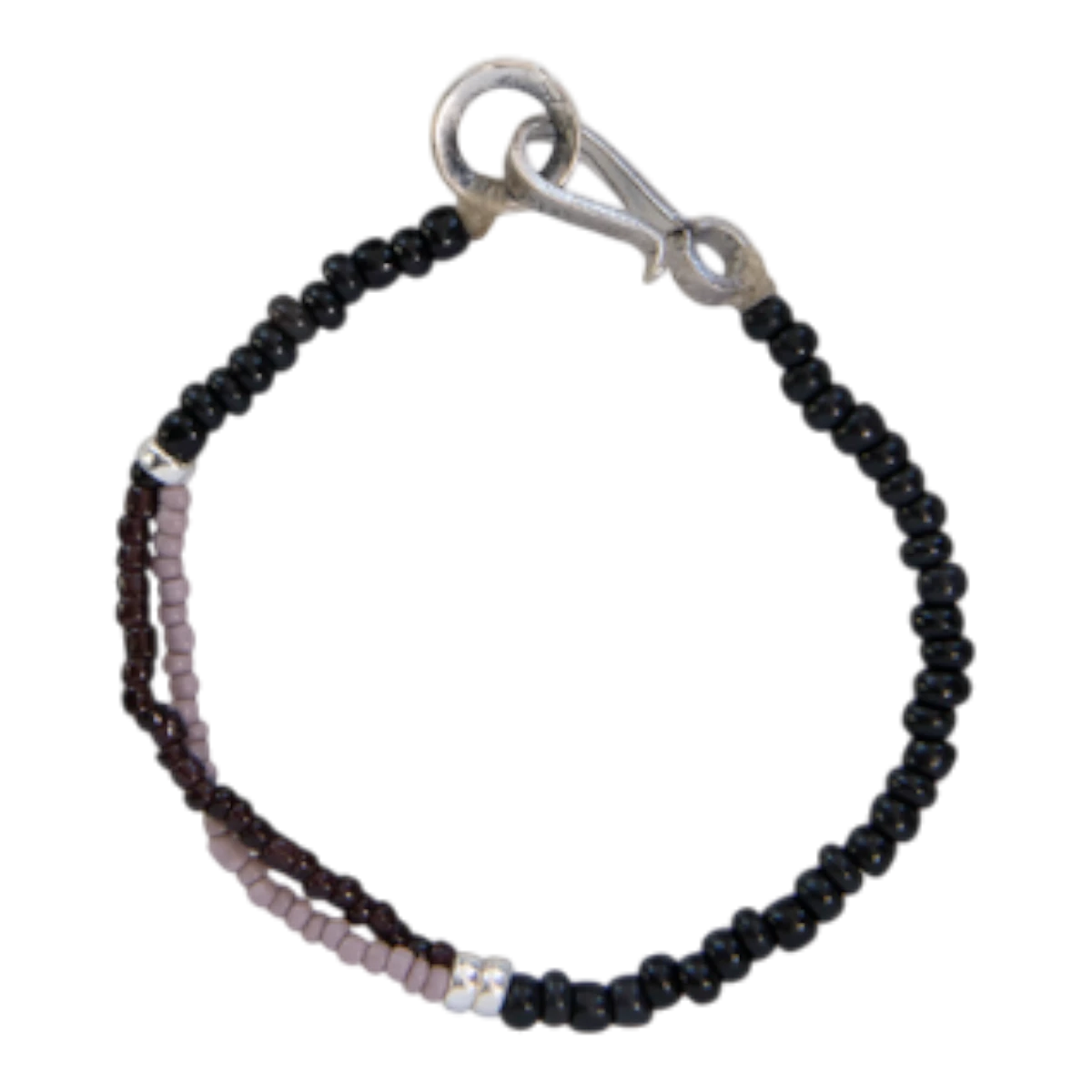 MILWORKS handmade shell bead bracelet in black and purple with a vintage US nickel coin hook closure.