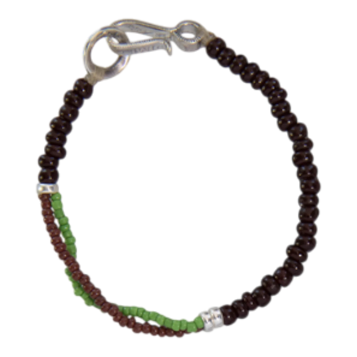 MILWORKS handmade shell bead bracelet in black, green, and brown with a vintage US nickel coin hook closure.