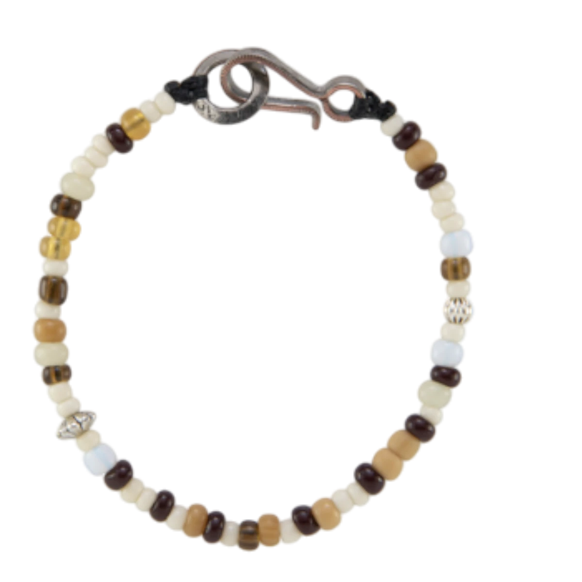 MILWORKS handmade shell bead bracelet in tan and brown with a vintage US nickel coin hook closure.