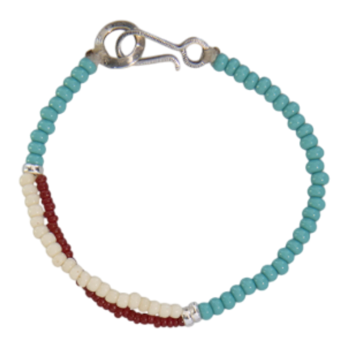 MILWORKS handmade shell bead bracelet in turquoise, white, and maroon with a vintage US nickel coin hook closure.