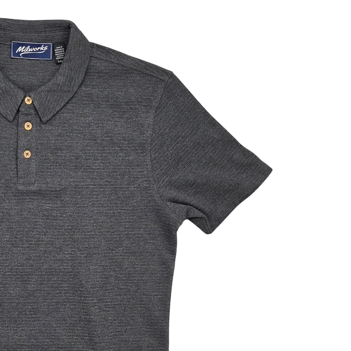 MILWORKSH short sleeve dark grey textured polo shirt with wooden buttons.