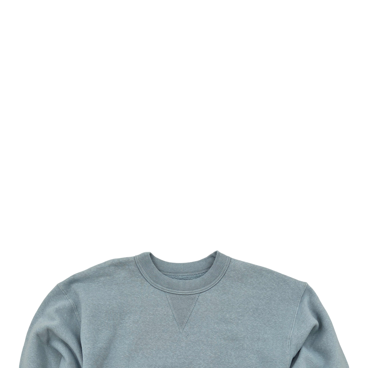 MILWORKS Laniakea loopwheel crew neck sweatshirt in smoke blue with a classic V-insert detail and ribbed collar