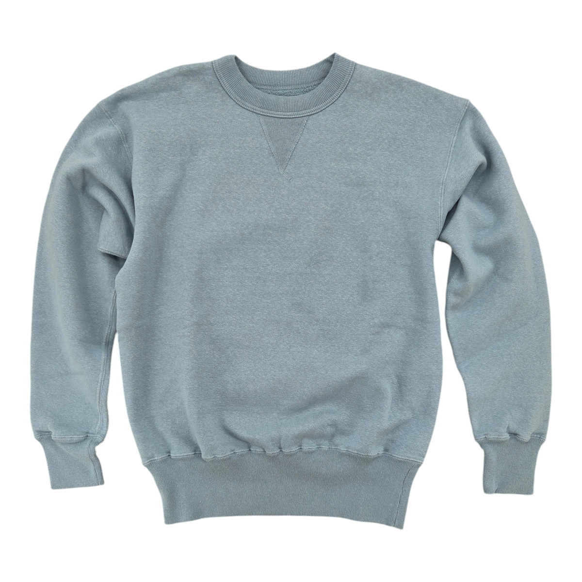 MILWORKS Laniakea loopwheel crew neck sweatshirt in smoke blue with a vintage V-insert and ribbed cuffs