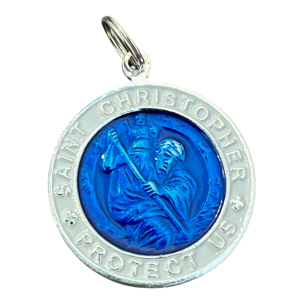 MILWORKS round plated steel St Christopher pendant featuring blue enamel inlay and Saint Protect Us engraving.