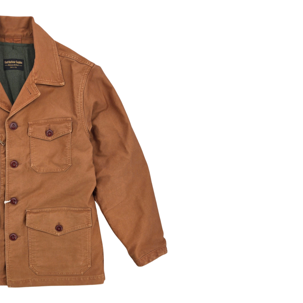 MILWORKS East Harbour Surplus Stanton cotton jacket in toffee brown with buttoned pockets and olive green lining.