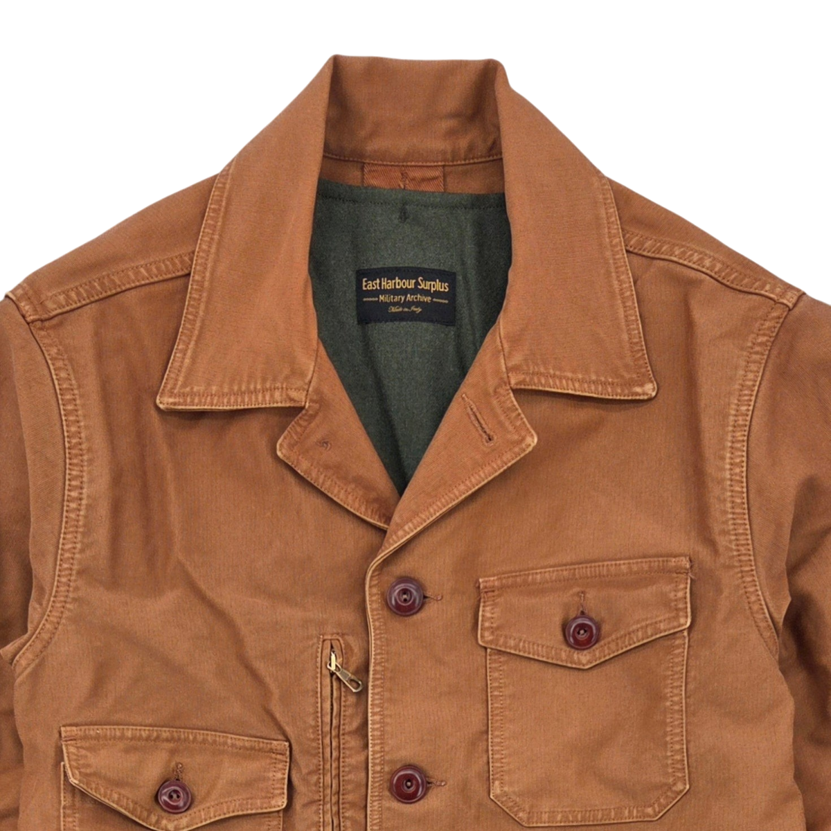MILWORKS East Harbour Surplus Stanton cotton jacket in toffee brown with buttoned pockets and green inner lining