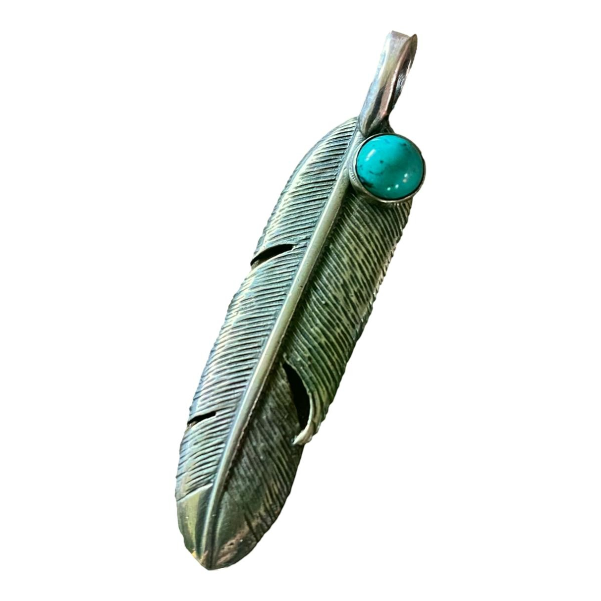 MILWORKS sterling silver crow feather pendant featuring a 6mm turquoise stone, 2 inches long with detailed engraving.