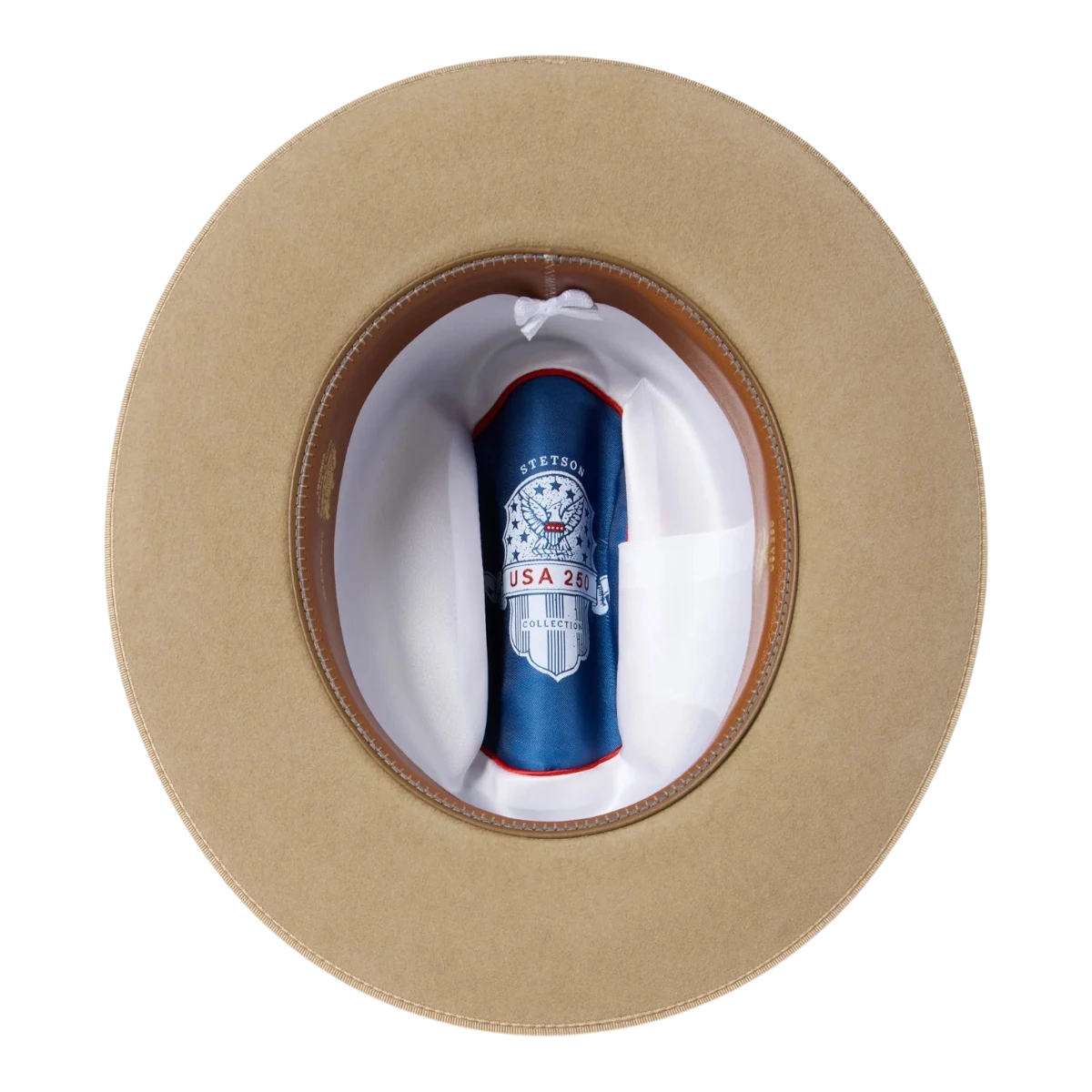 MILWORKS Stetson Open Road 6X USA 250 Edition fawn fur felt hat interior showing the patriotic satin liner