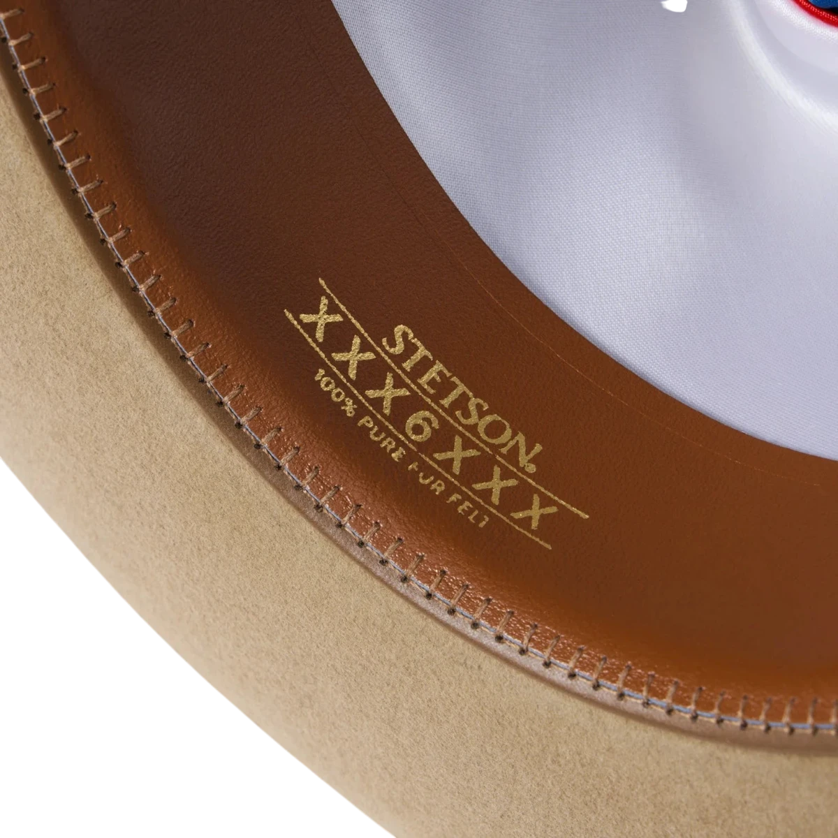MILWORKS Stetson Open Road 6X fur felt hat interior showing the genuine leather sweatband and gold branding