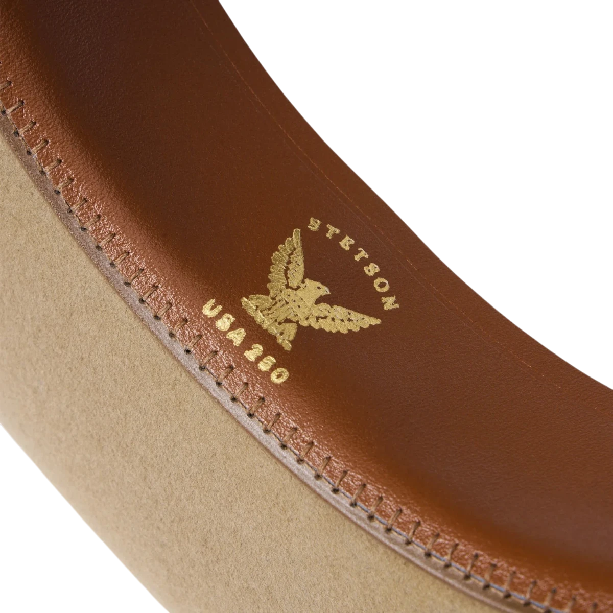 MILWORKS Stetson Open Road 6X USA 250 Edition hat showing the interior leather sweatband with gold foil branding.