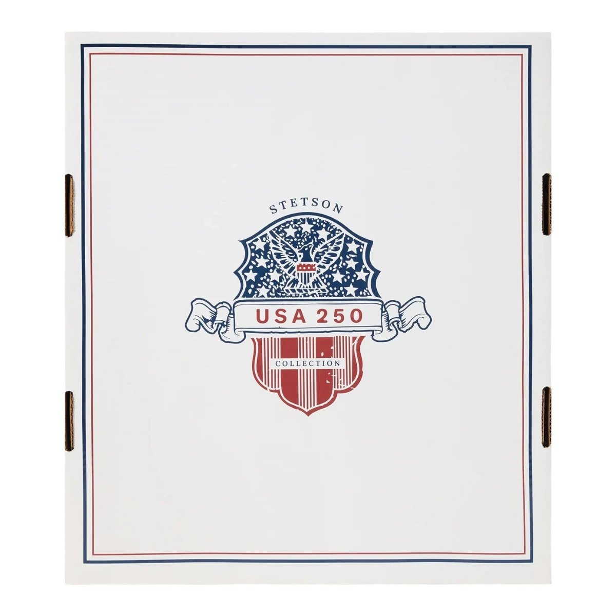 MILWORKS Stetson USA 250 collection white hat box with patriotic red, white, and blue logo and border detailing.