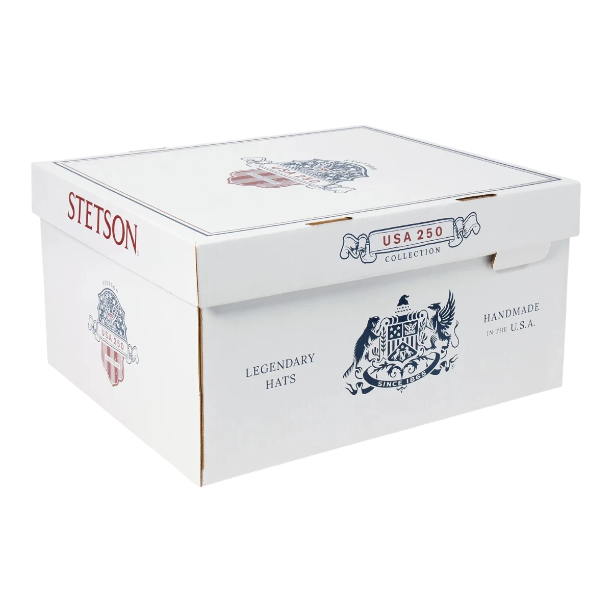 MILWORKS Stetson USA 250 collection white cardboard hat box with patriotic branding and logo on a black background