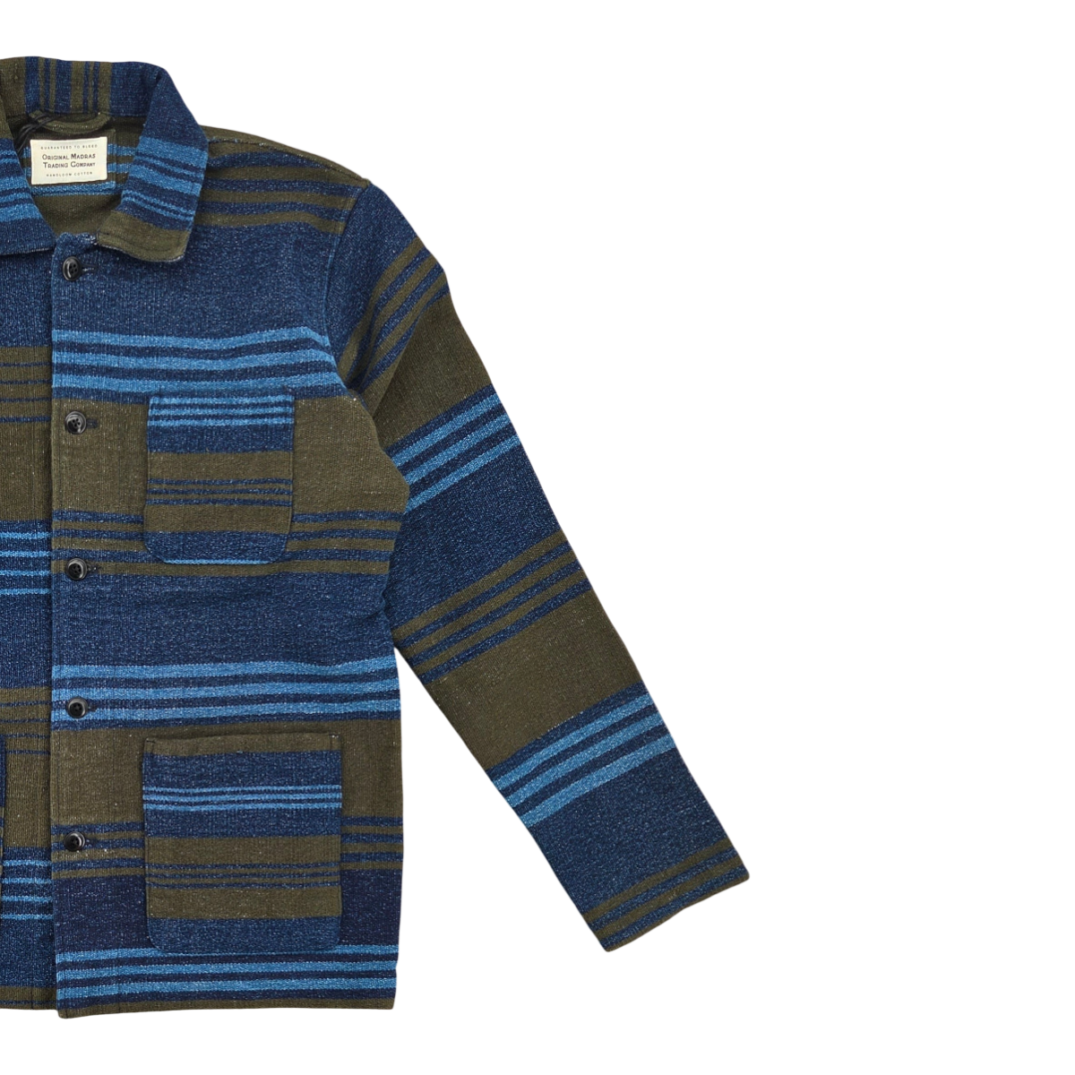 MILWORKS No140 Stout chore jacket in olive and blue multi-stripe handwoven cotton with front patch pockets