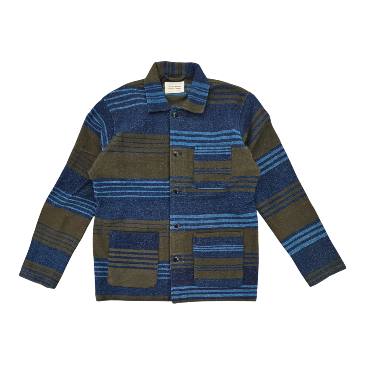 MILWORKS No140 Stout chore jacket in olive and blue multi-stripe handwoven cotton with front patch pockets