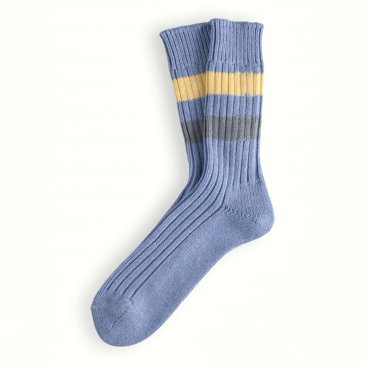 MILWORKS Urban collection light blue cotton-blend ribbed socks with yellow and grey stripes on the leg