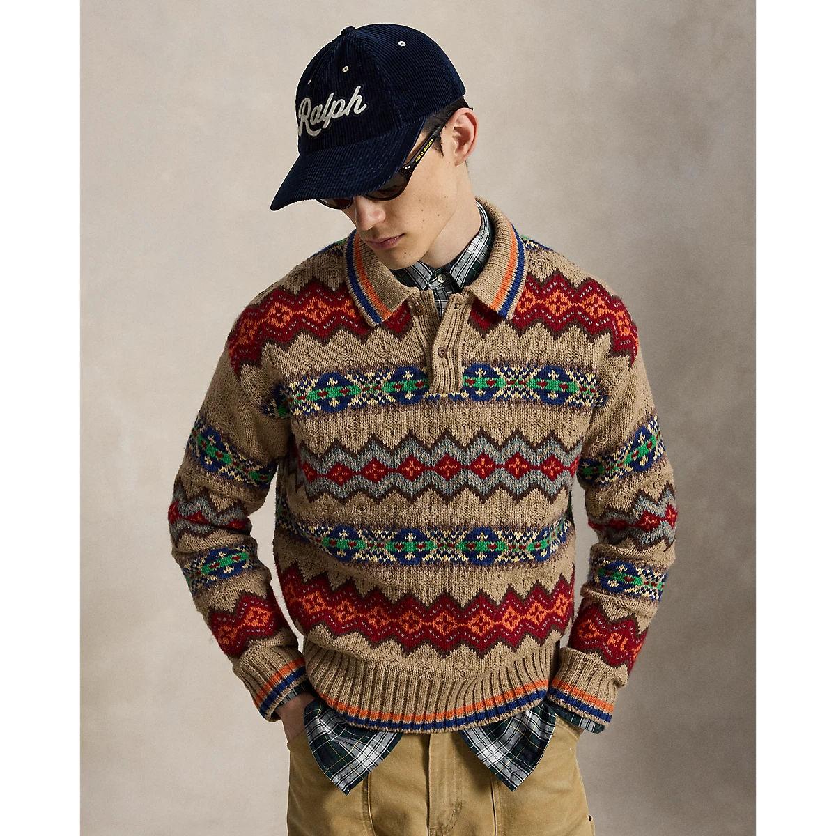MILWORKS Polo Ralph Lauren tan Fair Isle knit sweater polo with a multi-colored geometric pattern and collar detail.