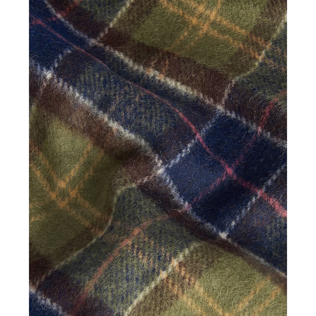 MILWORKS Barbour tartan lambswool scarf in green and navy with a soft, textured finish.