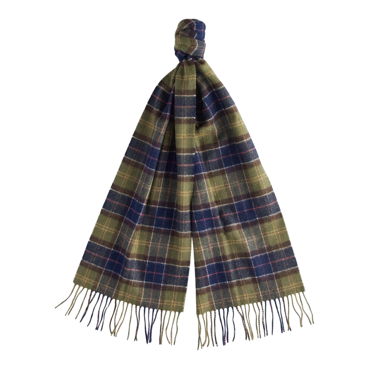 MILWORKS Barbour tartan lambswool scarf in green and blue with a classic tasselled hem