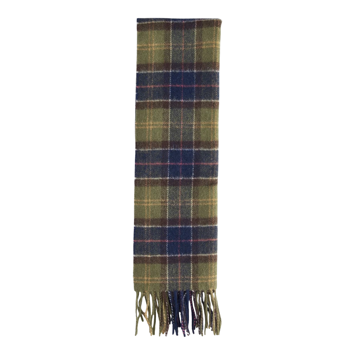 MILWORKS Barbour tartan lambswool scarf in green and blue with a classic tasselled hem.