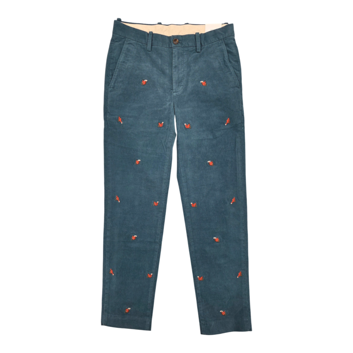 MILWORKS teal cotton corduroy pants featuring a playful all-over squirrel embroidery pattern and flat front design.