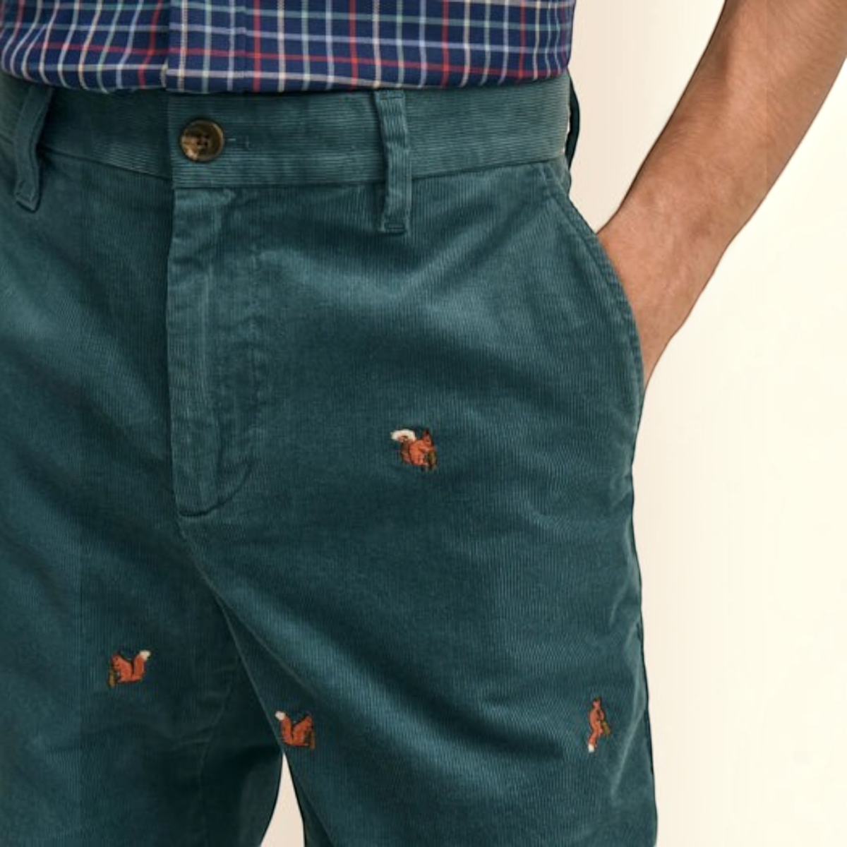 MILWORKS teal cotton corduroy pants featuring playful embroidered squirrel motifs and a flat front design.