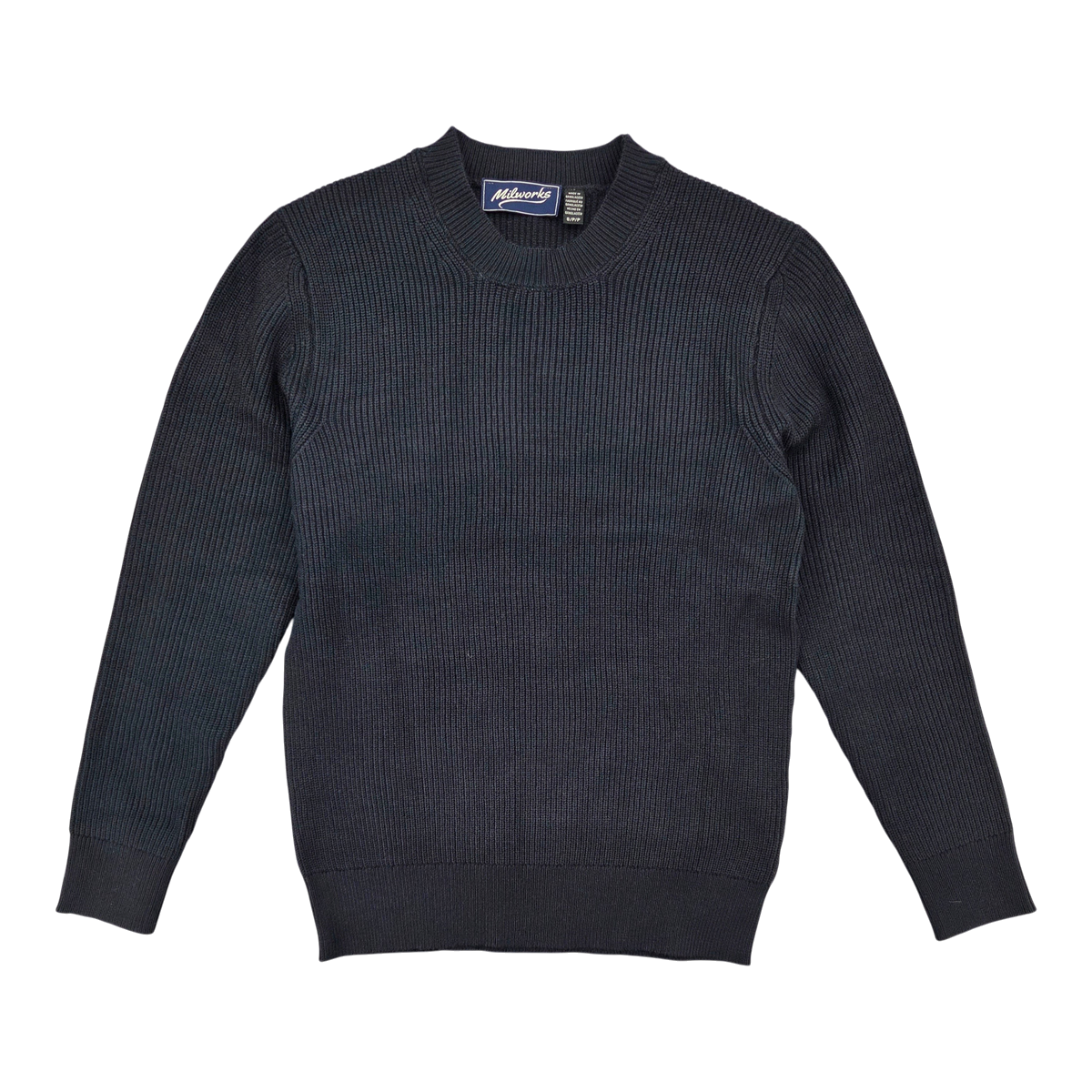 MILWORKS Thomas crew sweater in dark storm charcoal grey with a ribbed knit texture and classic crew neckline.