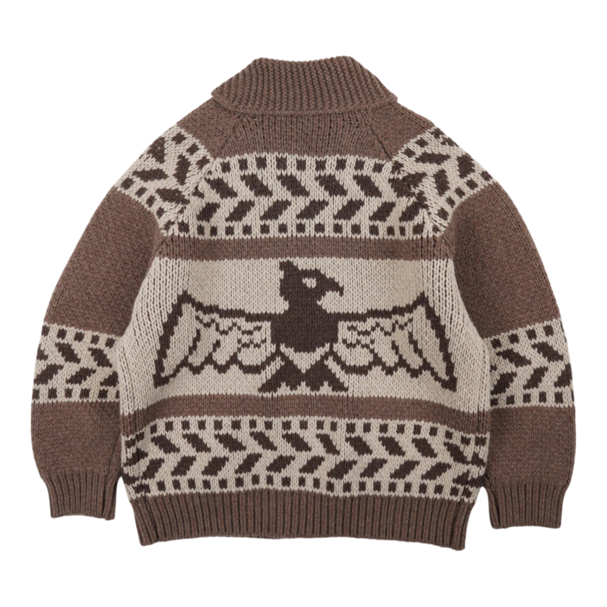 MILWORKS Thunderbird Heavy Cowichan jacket in mocha wool blend with a graphic bird motif and ribbed collar.