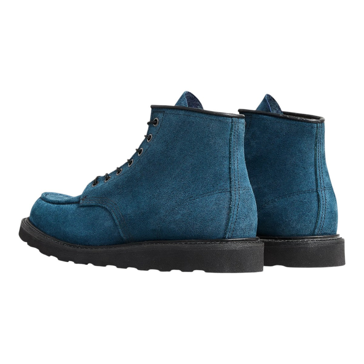 MILWORKS 6-inch Classic Moc boots in blue Tidal Muleskinner roughout leather with black Traction Tred outsole, rear view