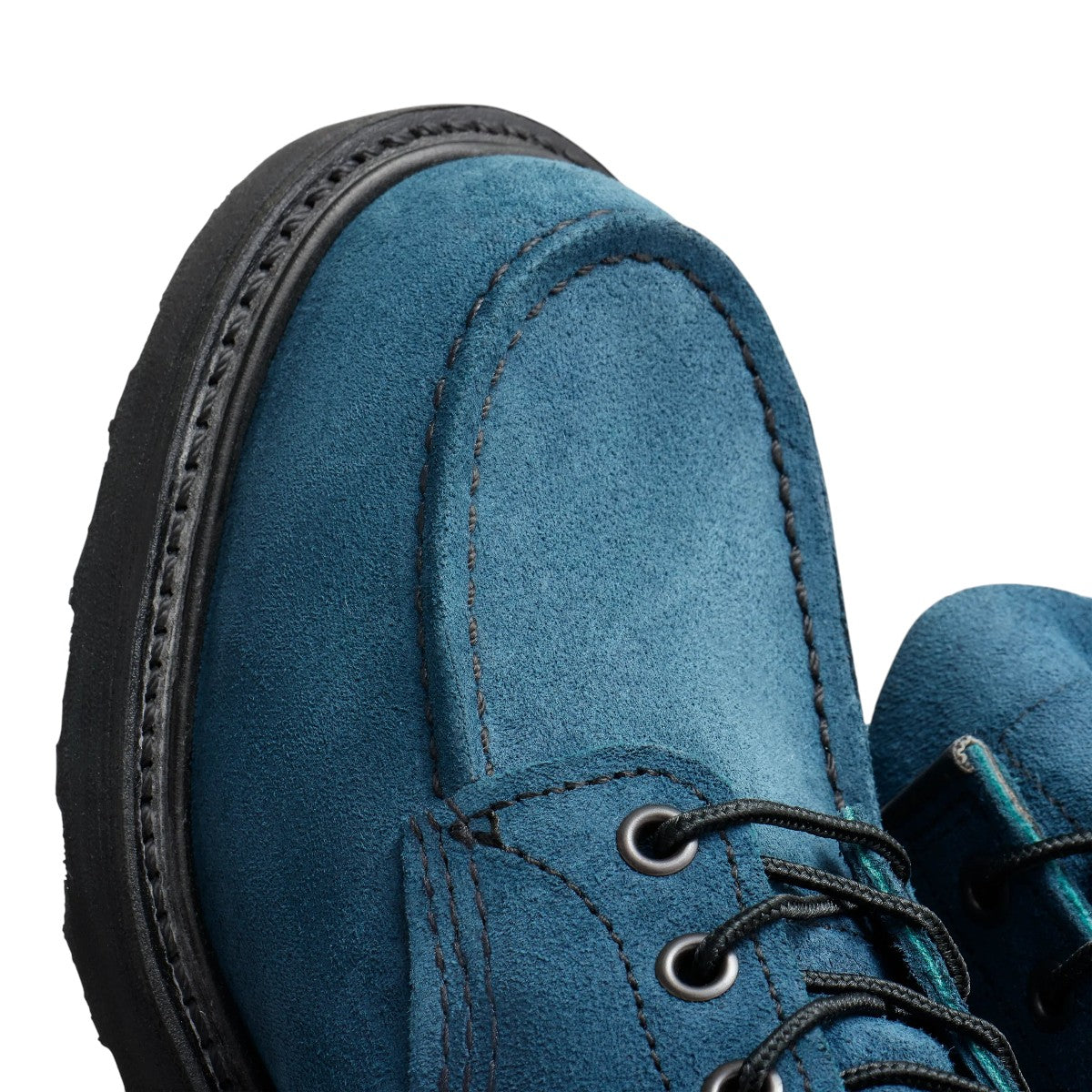 MILWORKS 6-inch Classic Moc boot in blue Tidal Muleskinner roughout leather with black laces and moc toe detail.
