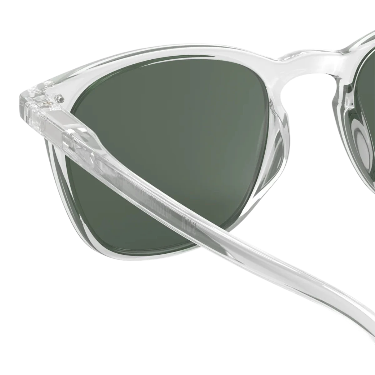 MILWORKS #E polarized sunglasses with a transparent trapezoidal frame and green lenses for glare protection.