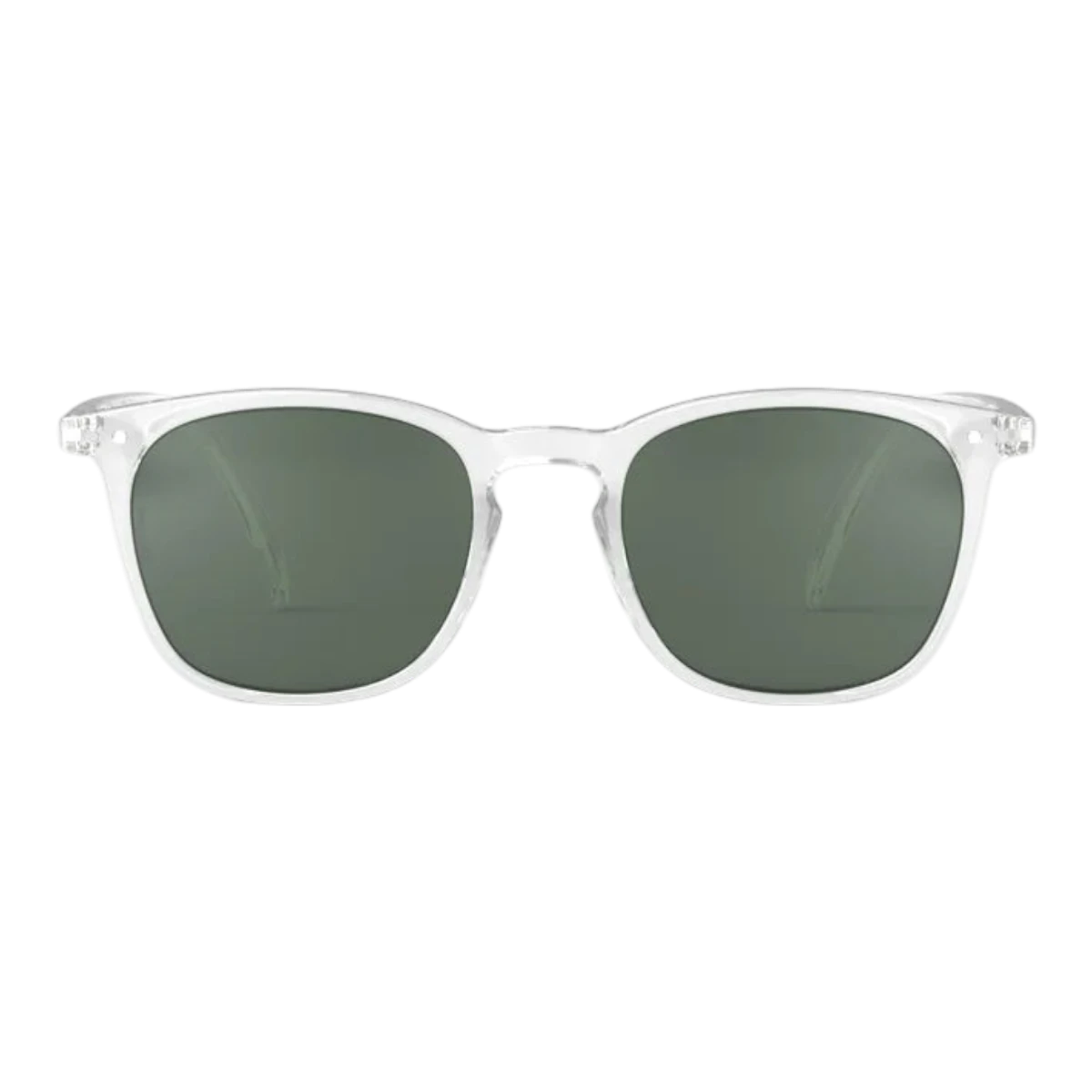 MILWORKS #E polarized sunglasses with a transparent bio-based trapezoidal frame and green lenses on black background