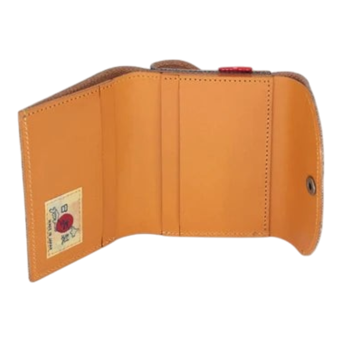 MILWORKS Trifold Denim Wallet featuring tan Italian leather interior with card slots and a Japanese fabric label.