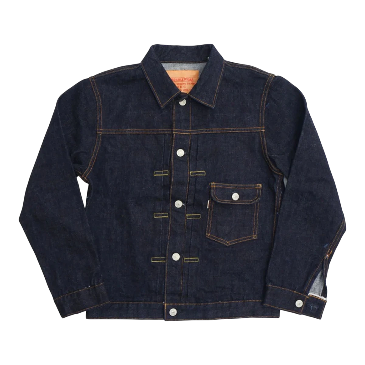 MILWORKS UES 17oz indigo denim 1st type jacket with single chest pocket, metal buttons, and red selvedge details.