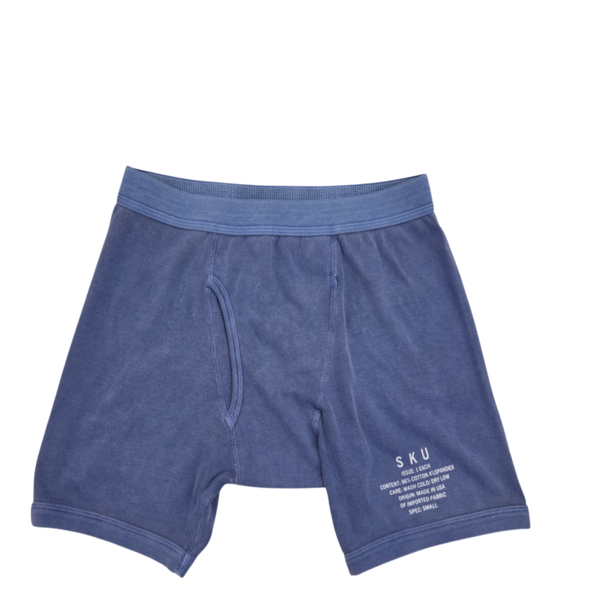 MILWORKS union blue distressed dye Supima cotton rib boxer briefs with elastic waistband and printed leg detail