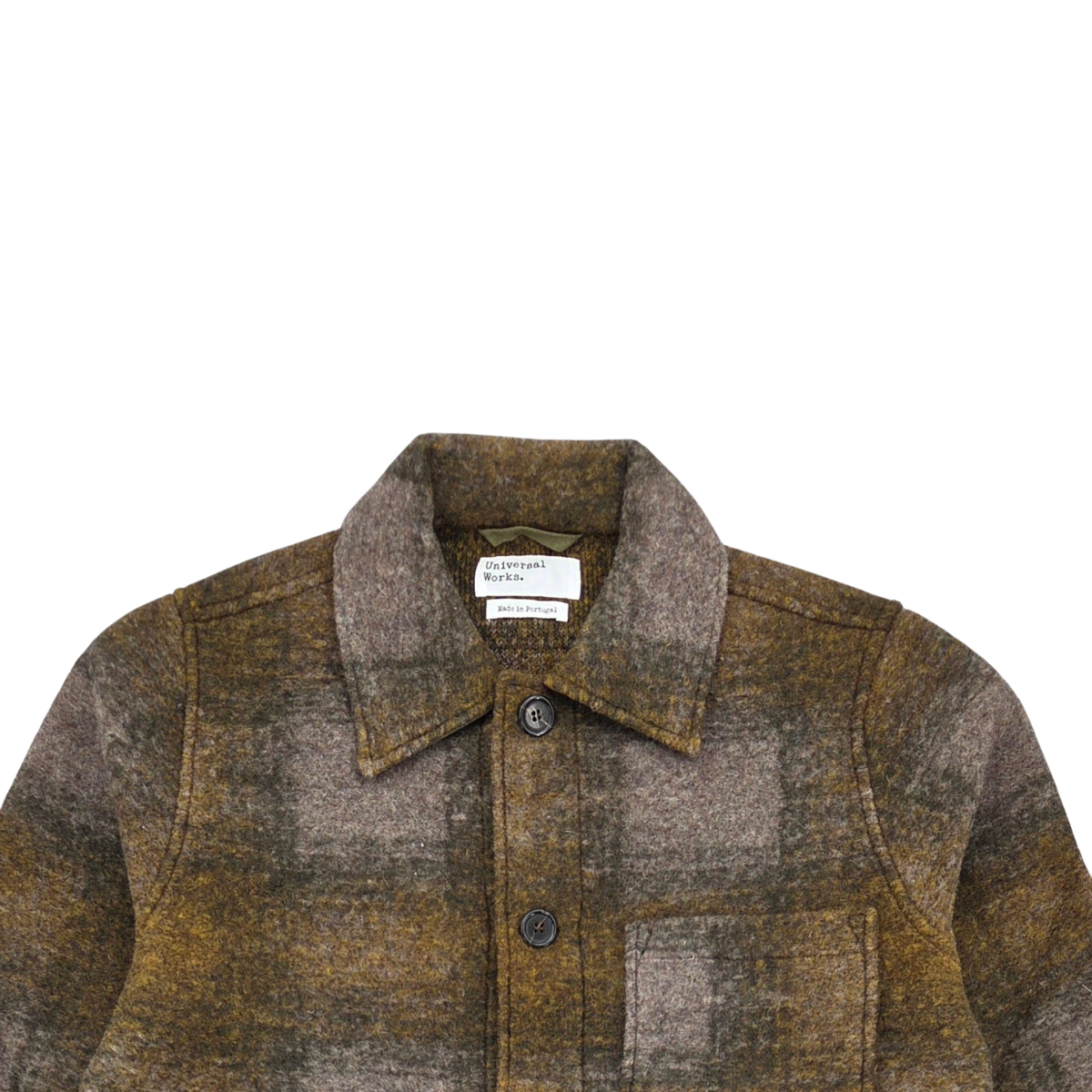 MILWORKS Universal Works Tag Jacket in olive melton check wool with a classic collar and button-up front.