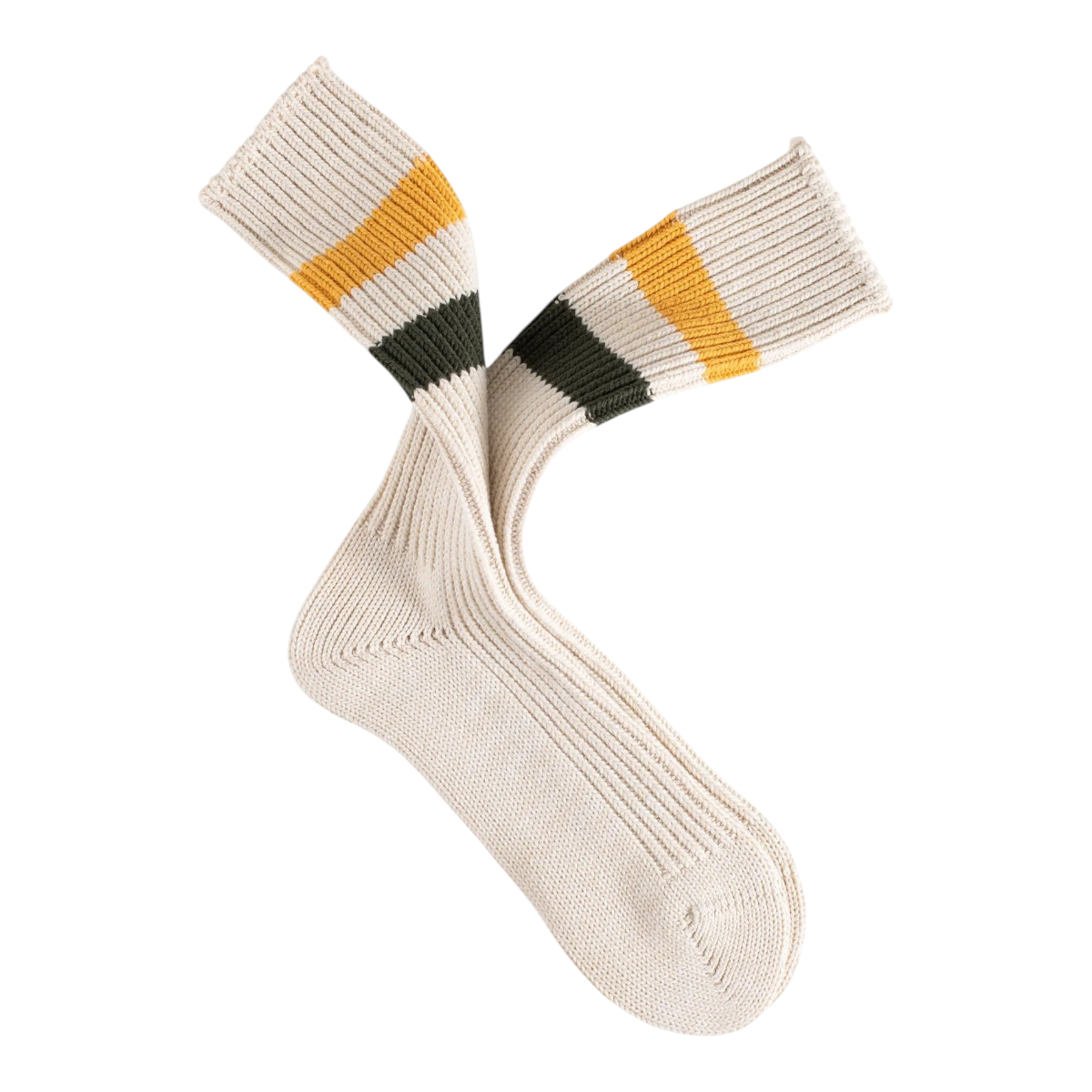 MILWORKS Urban Collection raw white cotton socks with textured knit and yellow and dark green stripes on the cuff.