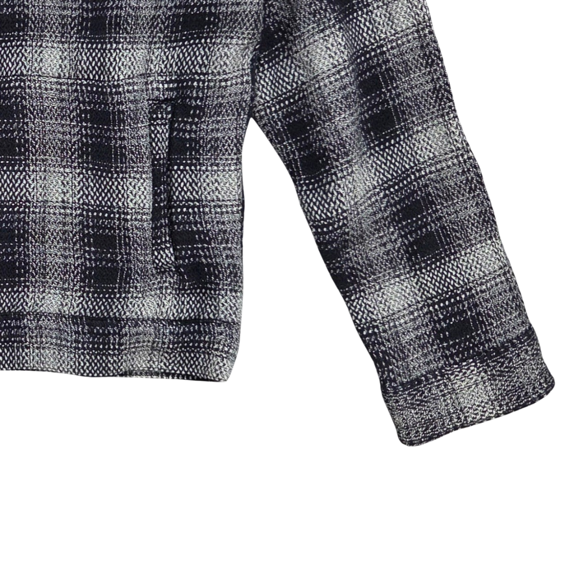 MILWORKS No176 utility jacket in a black and white chevron weave cotton check pattern with a side pocket