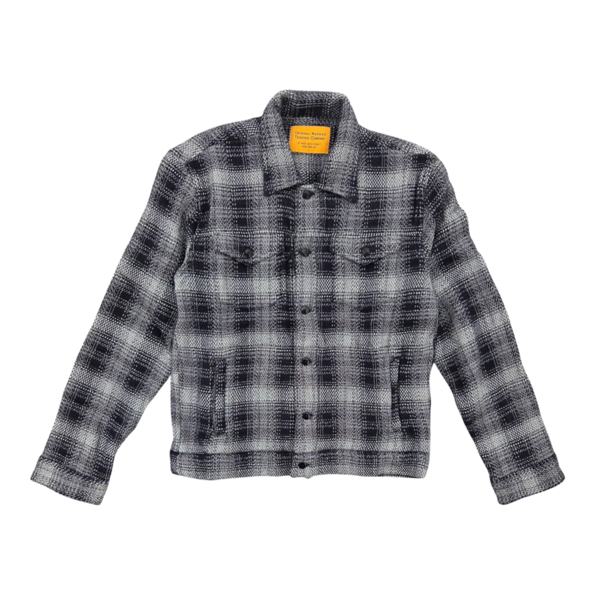 MILWORKS No176 utility jacket in a black and white chevron weave cotton check pattern with button-up front.