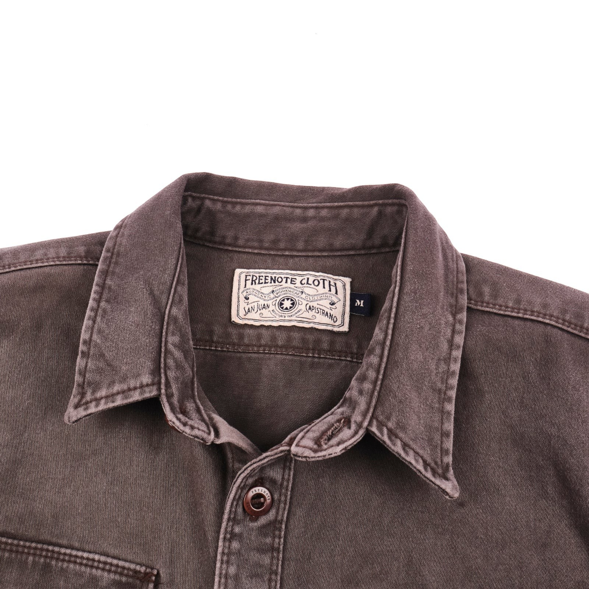 MILWORKS Utility Shirt in chocolate brown Japanese sateen twill with Corozo buttons and detailed collar stitching